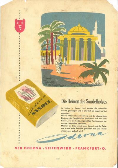 Bild vergrößern: Werbeplakat aus den 1950er-Jahren für die Oderna-Sandel-Seife des VEB Oderna Seifenwerk Frankfurt (Oder)