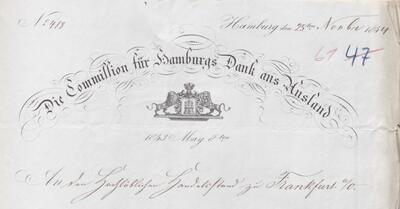 Bild vergrern: StAFF 1-201 BA I Tit. 26 Nr. 41 Bl. 67: Dankurkunde der Hansestadt Hamburg an die Kaufmannschaft Frankfurt (Oder), Hamburg, den 25. November 1844
