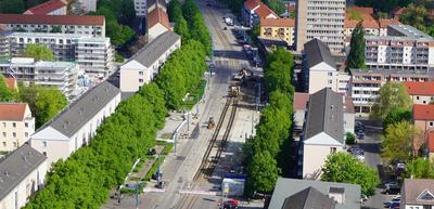Bild vergrößern: Luftbild Baustelle Straßenbahn-Bushaltestelle in der Magistrale 2019