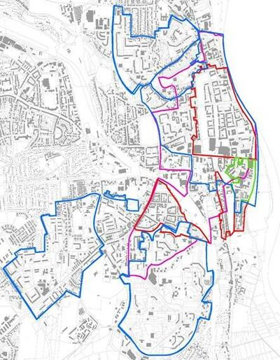 Bild vergrößern: Gebietskulissen der Städtebauförderung (rot = Sanierungsgebiete / grün = Entwicklungsmaßnahme / magenta = Soziale Stadt / blau = Stadtumbau)