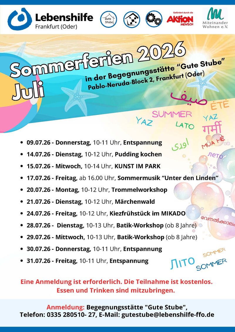 Plakat Kostenfreie Sommerferien-Angebote für Kinder Juli 2026
