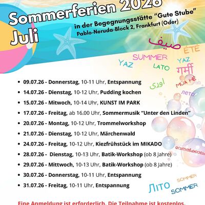 Plakat Kostenfreie Sommerferien-Angebote für Kinder Juli 2026