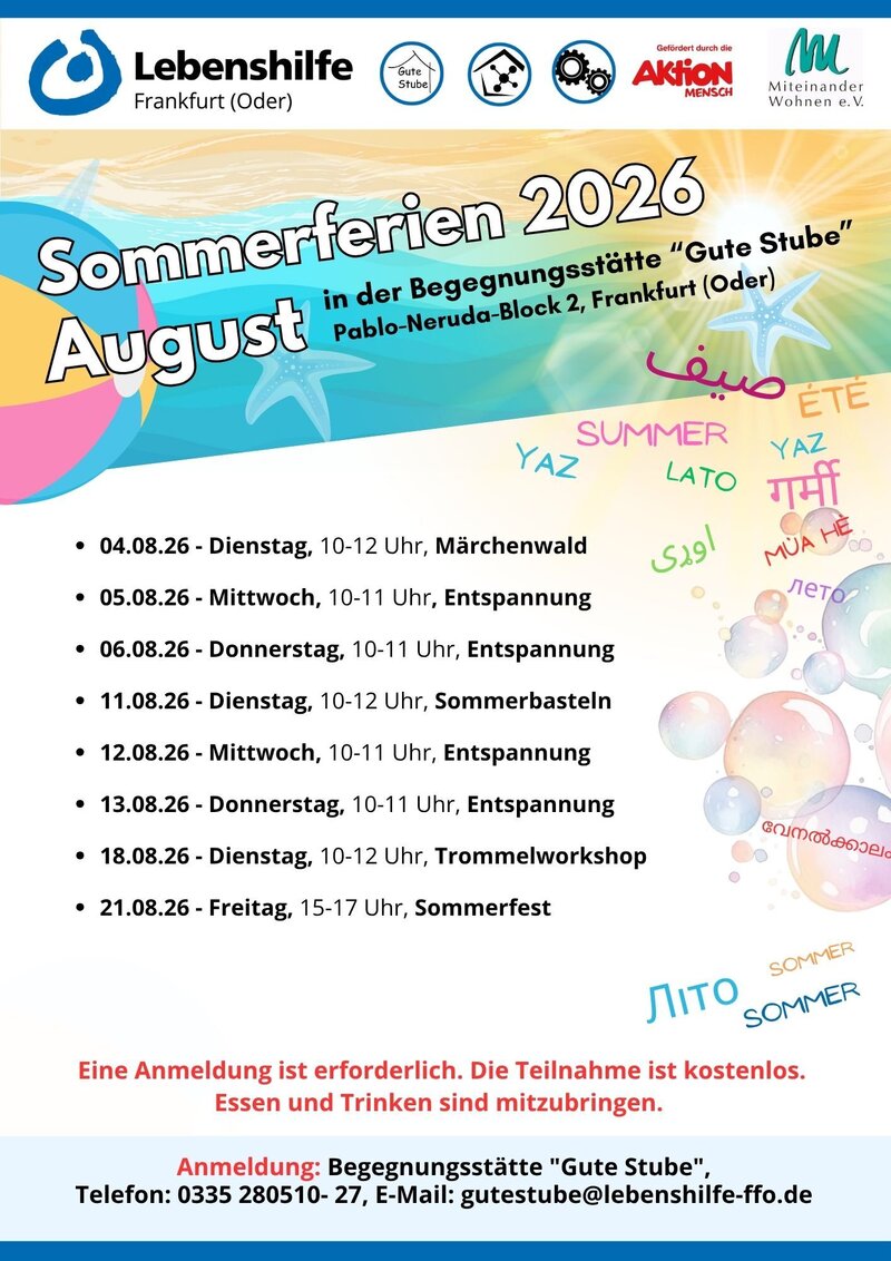Plakat Kostenfreie Sommerferien-Angebote für Kinder August 2026