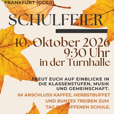 Die Freie Waldorfschule Frankfurt (Oder) lädt alle Interessierten zu ihrer öffentlichen Schulfeier in die Turnhalle im Sande ein. Schülerinnen und Schüler der Klassen 1 bis 12 zeigen Beiträge aus Musik, Sprache, Fremdsprachen, Tanz und Theater. Auch die Geigen- und Percussiongruppe ist dabei.

In diesem Jahr blickt die Schule auf 35 Jahre Waldorfschule in Frankfurt (Oder) zurück und dankt den Menschen, die sie aufgebaut, begleitet und mitgestaltet haben.

Im Anschluss beginnt um 11 Uhr der Tag der offenen Schule. Am Buffet der Klassen 5 und 12 gibt es Gelegenheit, miteinander ins Gespräch zu kommen und auf das Jubiläum anzustoßen.
